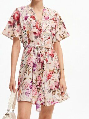Desigual floral shirt dress with short sleeves (pink): M